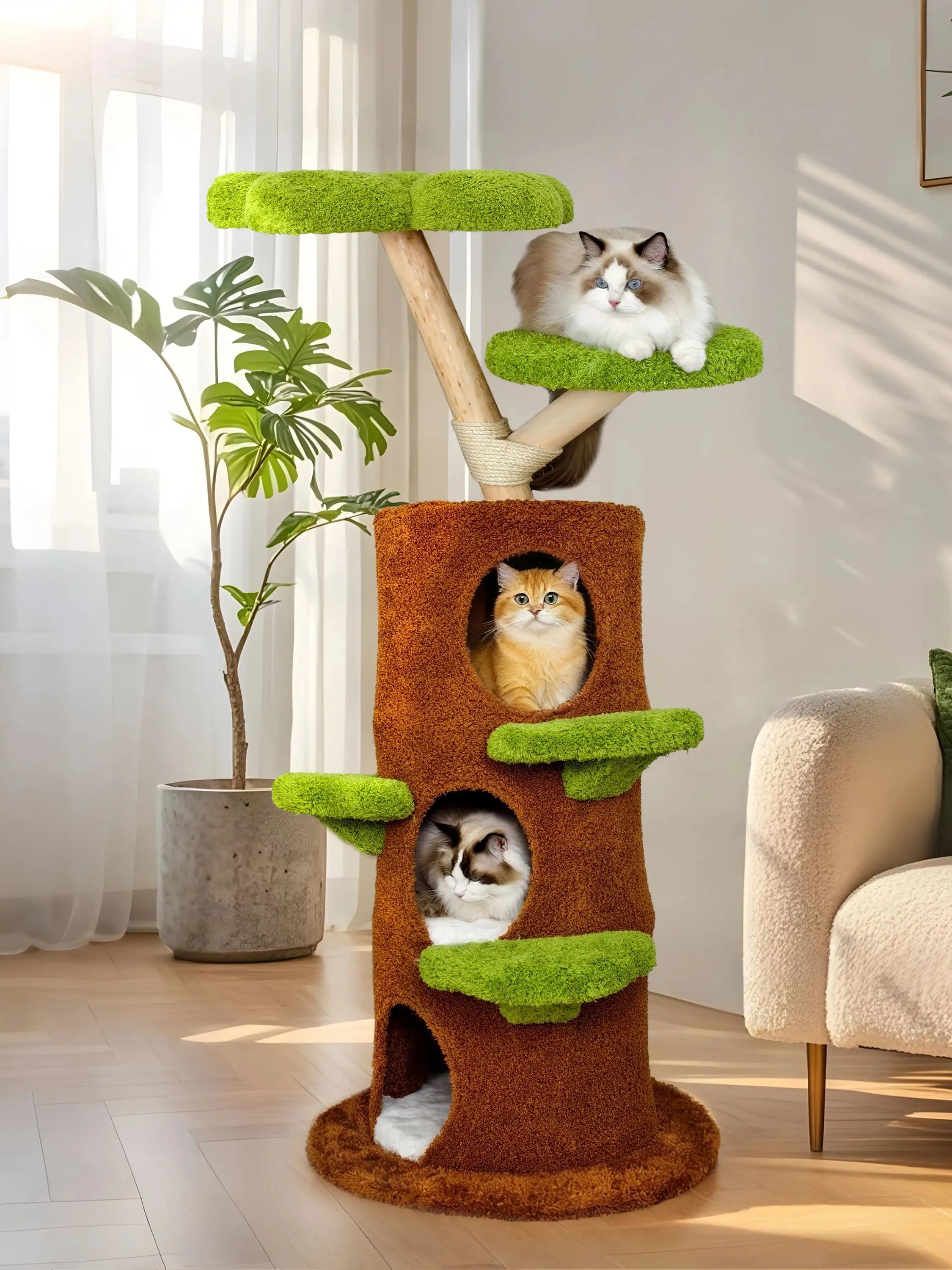 BINGOPAW 58” Tall Cat Activity Tree (Flower Platforms + Plush Condo + Sisal Scratcher)
