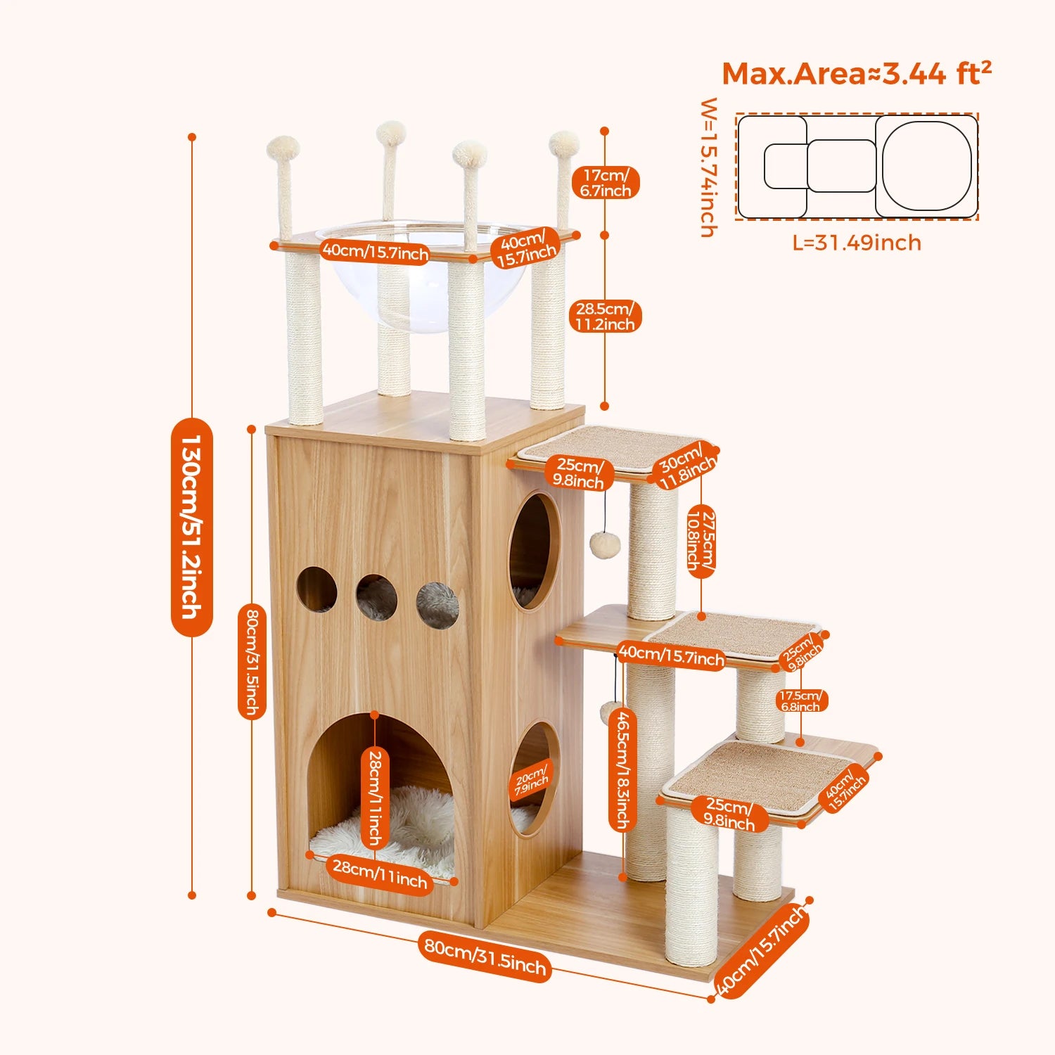 Modern Wood Cat Castle Tree (5+ Levels, Large Condos + Clear Bowl Perch)
