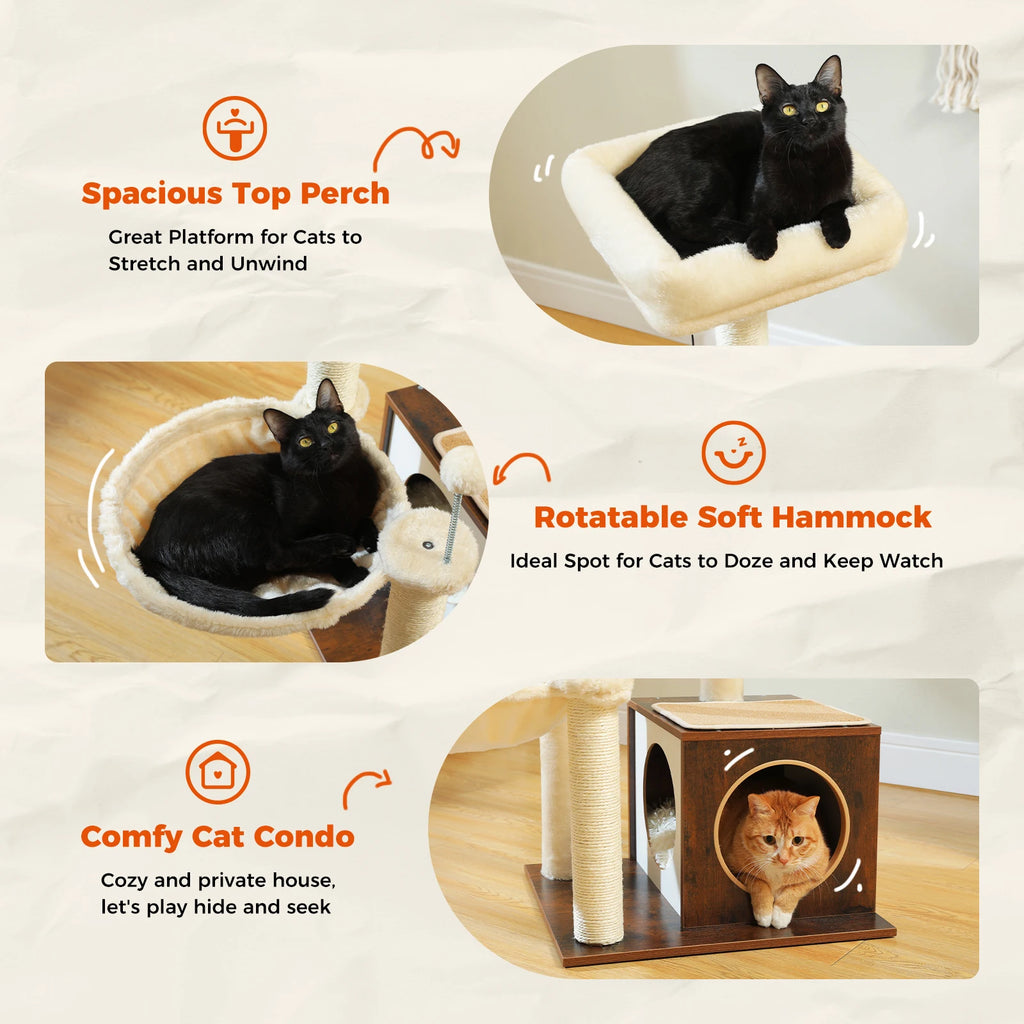 Modern Wooden Cat Tree with Condo, Hammock & Scratching Posts for Indoor Cats