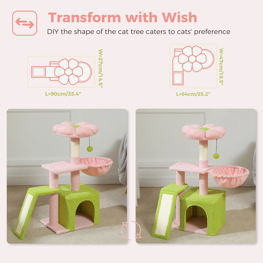 Small Cat Tree Tower with Sisal Scratching Ramp, Condo, Hammock & Top Perch