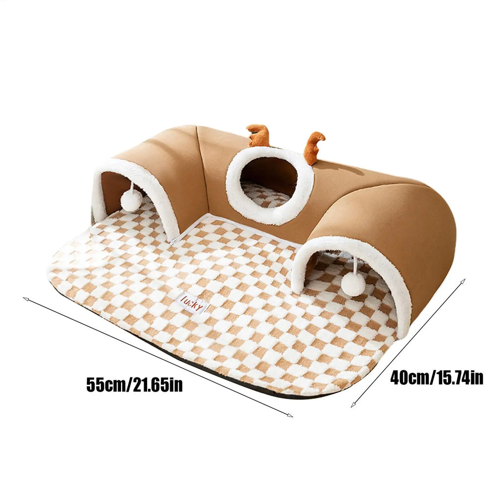 Cozy Cat Tunnel Bed (Corner-Fit) – Warm U-Shaped Hideout w/ Peek Holes & Hanging Balls, Removable Reversible Mat