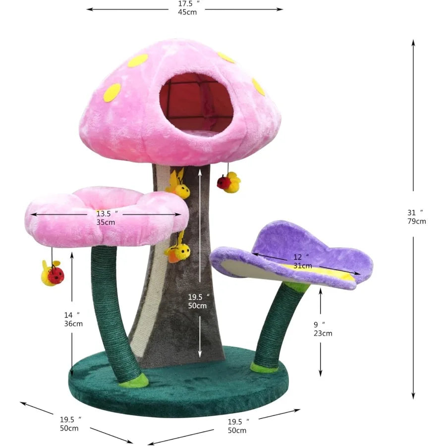 Wonderland Mushroom Cat Tree (31") – 3-Level Tower w/ Mushroom Condo, Flower Perch, Sisal Scratching Pad & Hanging Bee Toy