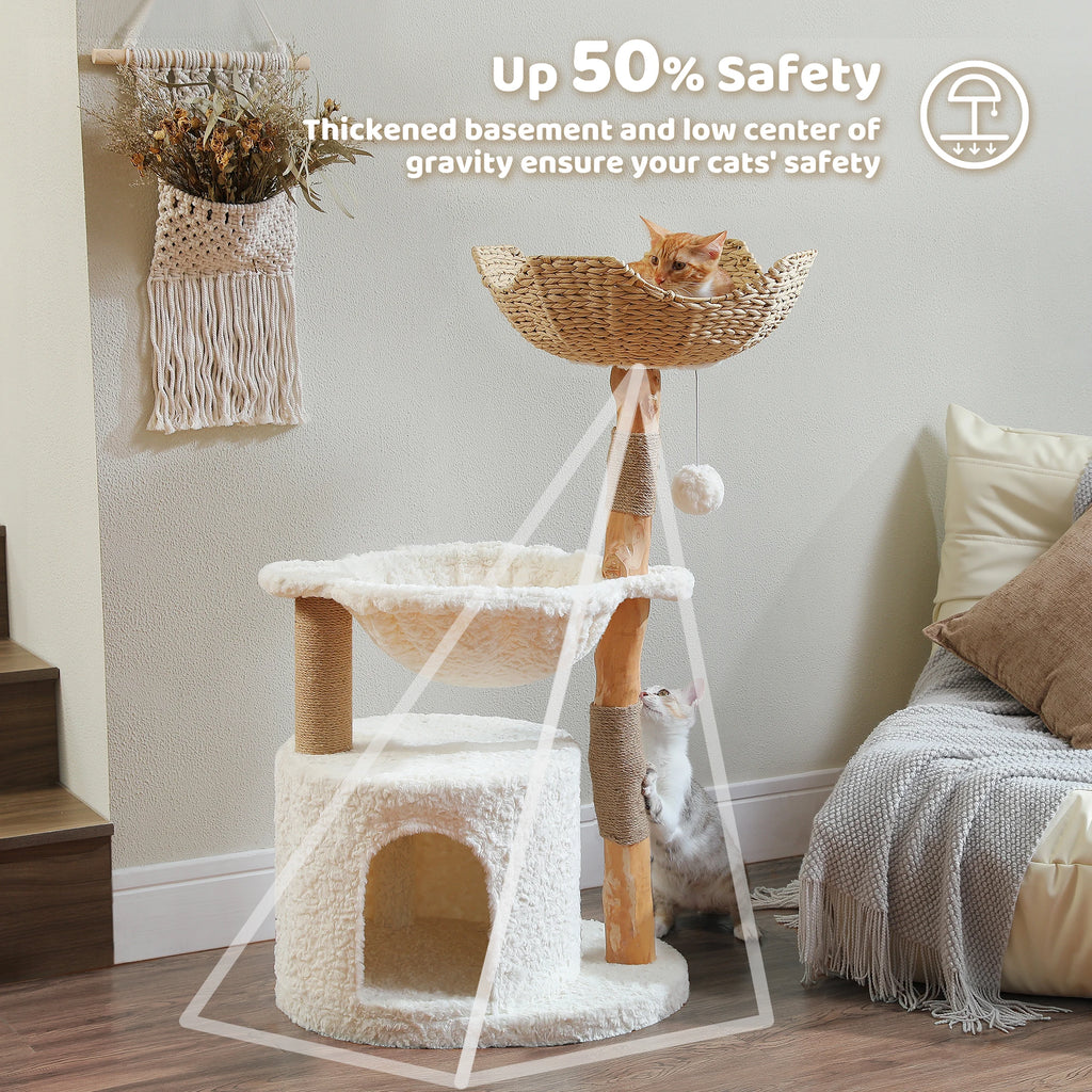 Modern Natural Wood Cat Tree with Wicker Basket & Deep Hammock – Luxury Indoor Cat Tower with Spacious Condo