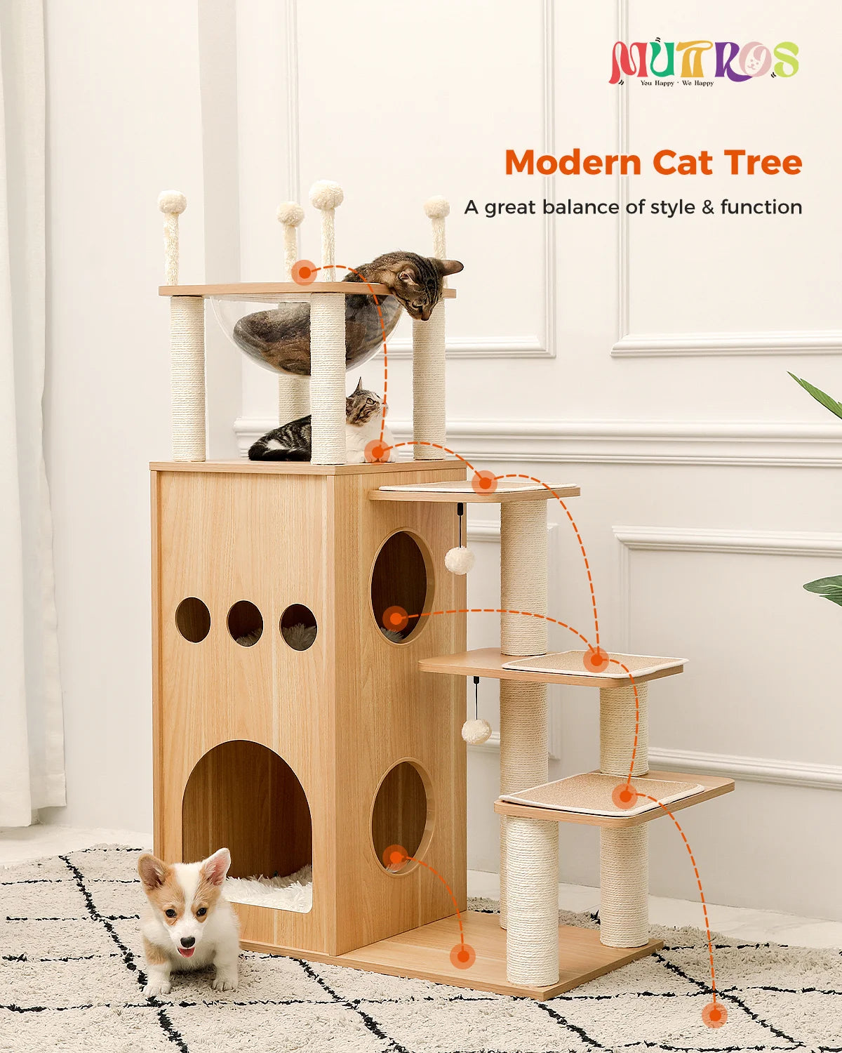 Multi-Level Wooden Cat Tree Tower with Condo, Hammock & Scratching Posts