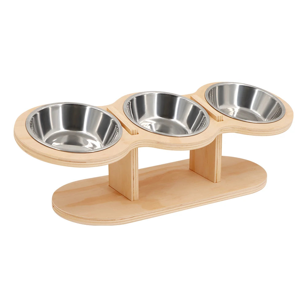 15° Tilted Raised Triple Cat Feeder with Stainless Steel Bowls & Wooden Stand