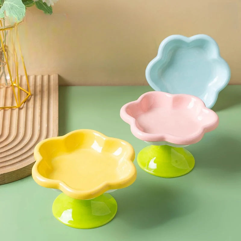 Ceramic Flower Raised Cat Bowl with Stand