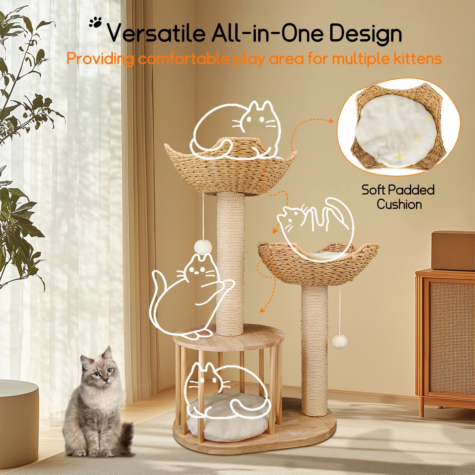 3-Tier Natural Wood Climbing & Rest Tower for Indoor Cats
