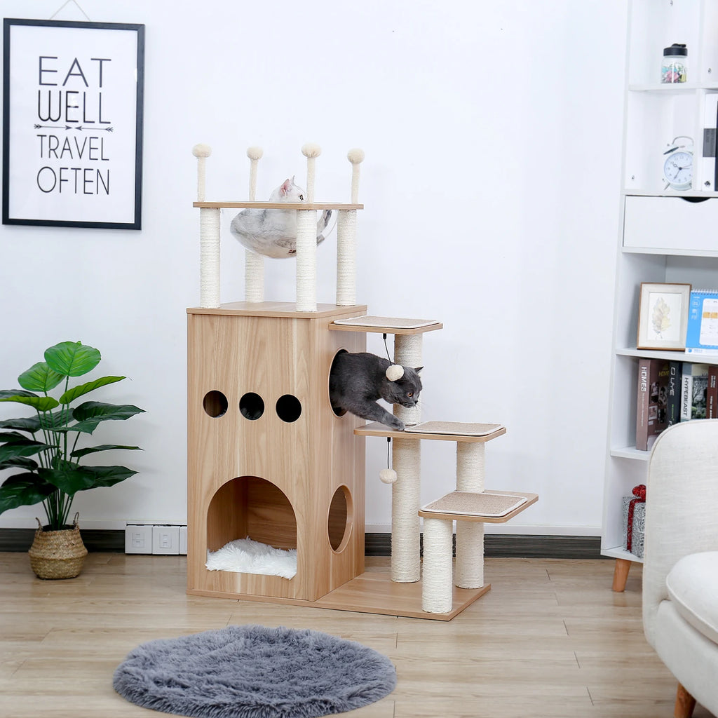 Multi-Level Wooden Cat Tree Tower with Condo, Hammock & Scratching Posts