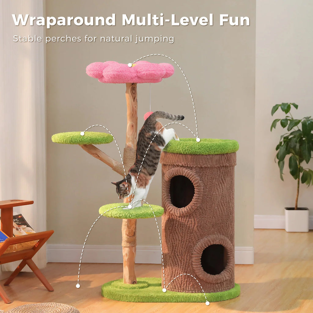 Forest Cat Tree Tower (4 Condos + Flower Top Bed + Thick Scratcher)