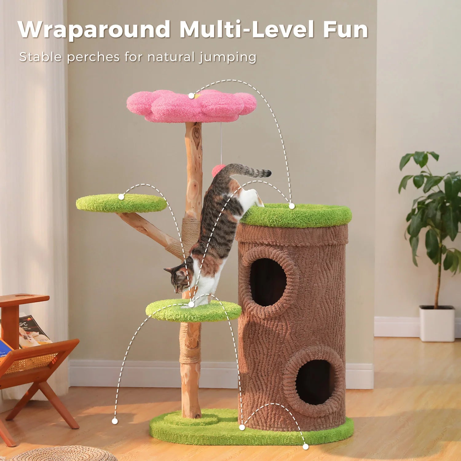 Forest Cat Tree Tower (4 Condos + Flower Top Bed + Thick Scratcher)