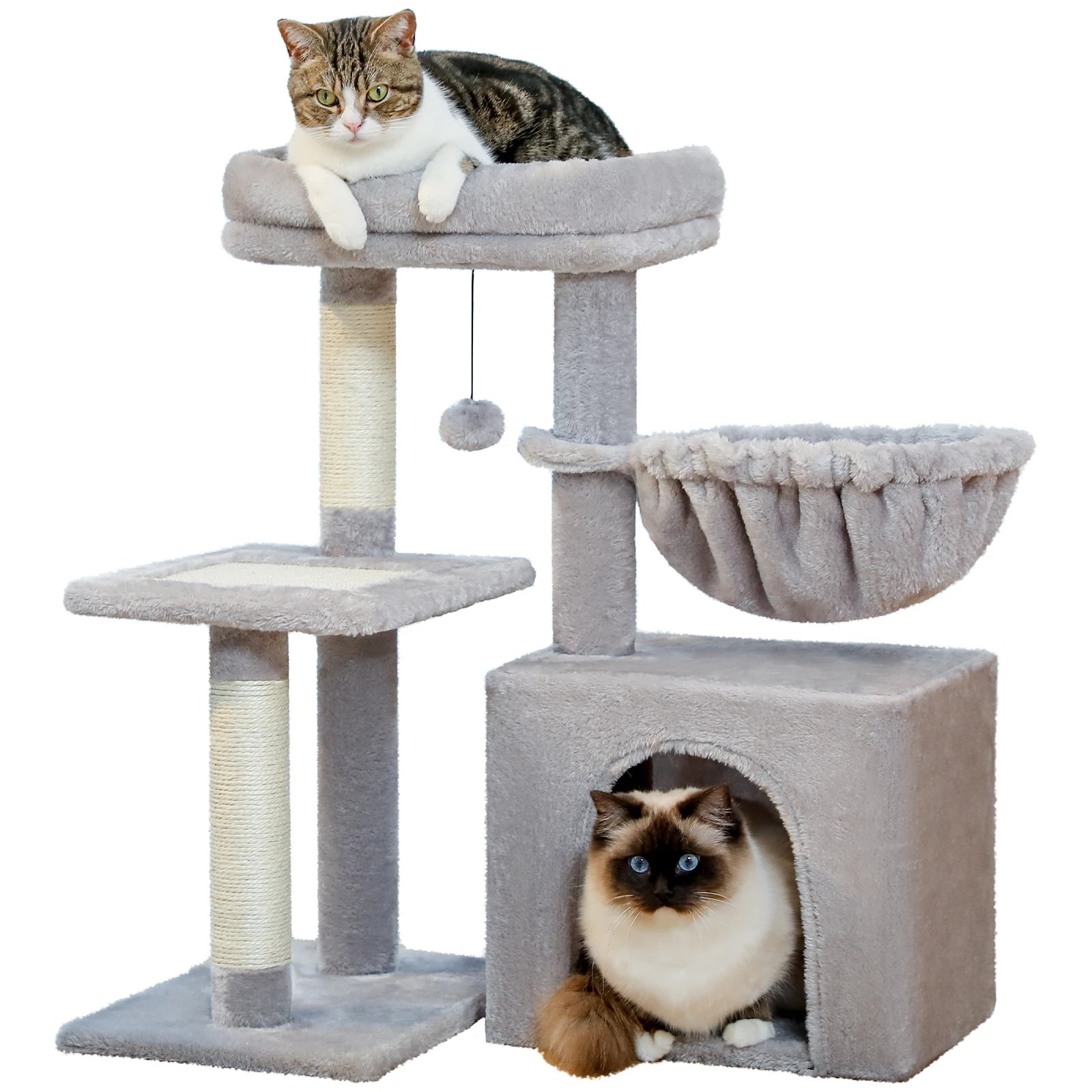 Small Cat Tree Tower with Sisal Scratching Ramp, Condo, Hammock & Top Perch