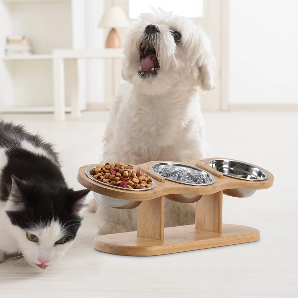 15° Tilted Raised Triple Cat Feeder with Stainless Steel Bowls & Wooden Stand