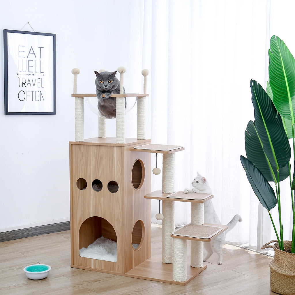 Multi-Level Wooden Cat Tree Tower with Condo, Hammock & Scratching Posts
