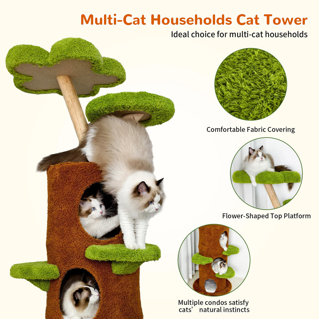BINGOPAW 58” Tall Cat Activity Tree (Flower Platforms + Plush Condo + Sisal Scratcher)