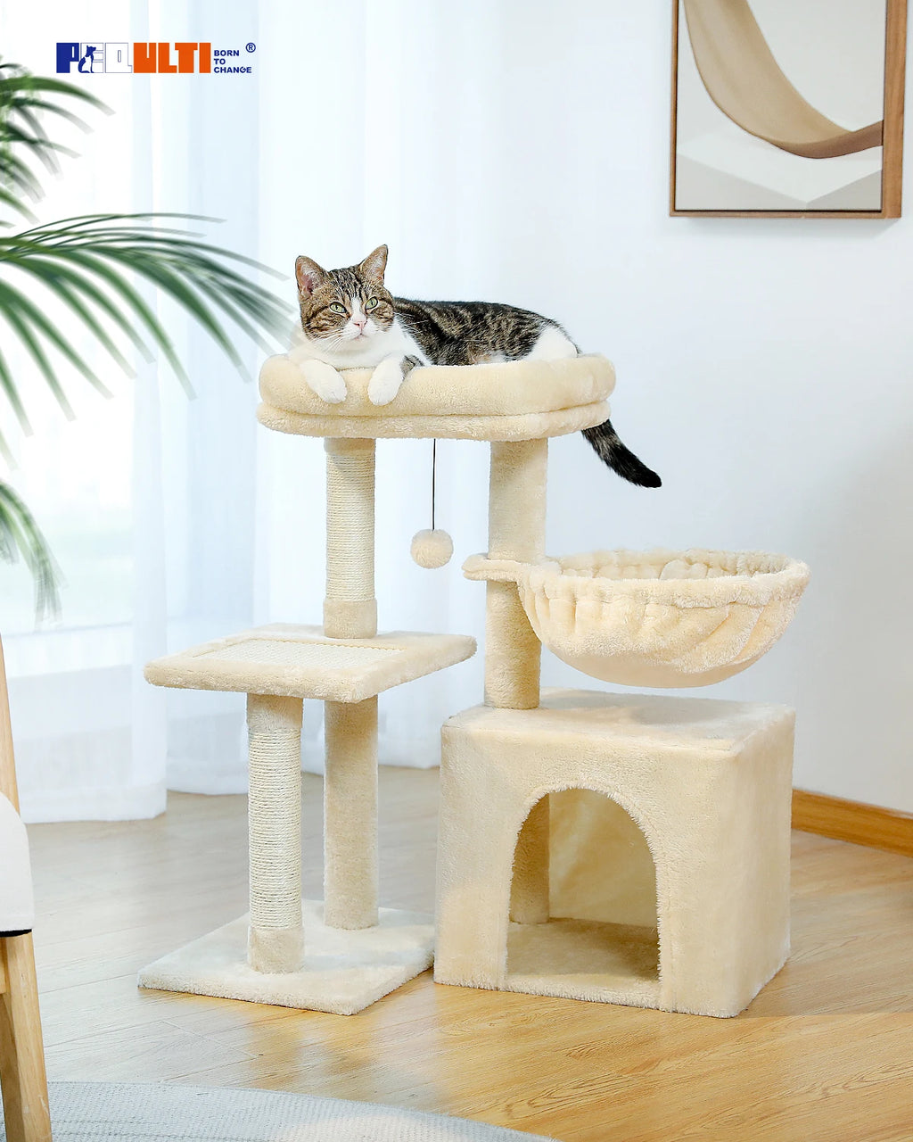 Small Cat Tree Tower with Sisal Scratching Ramp, Condo, Hammock & Top Perch