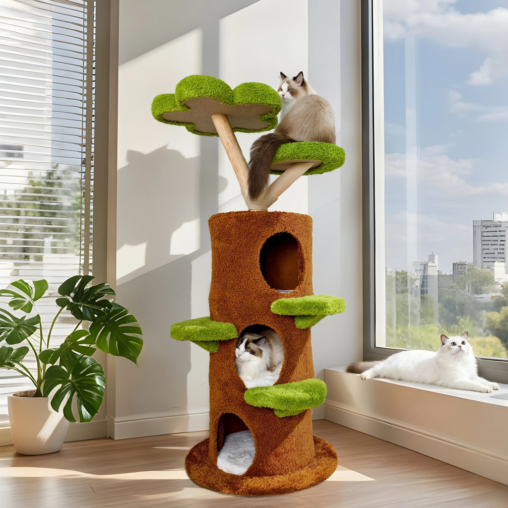 BINGOPAW 58” Tall Cat Activity Tree (Flower Platforms + Plush Condo + Sisal Scratcher)