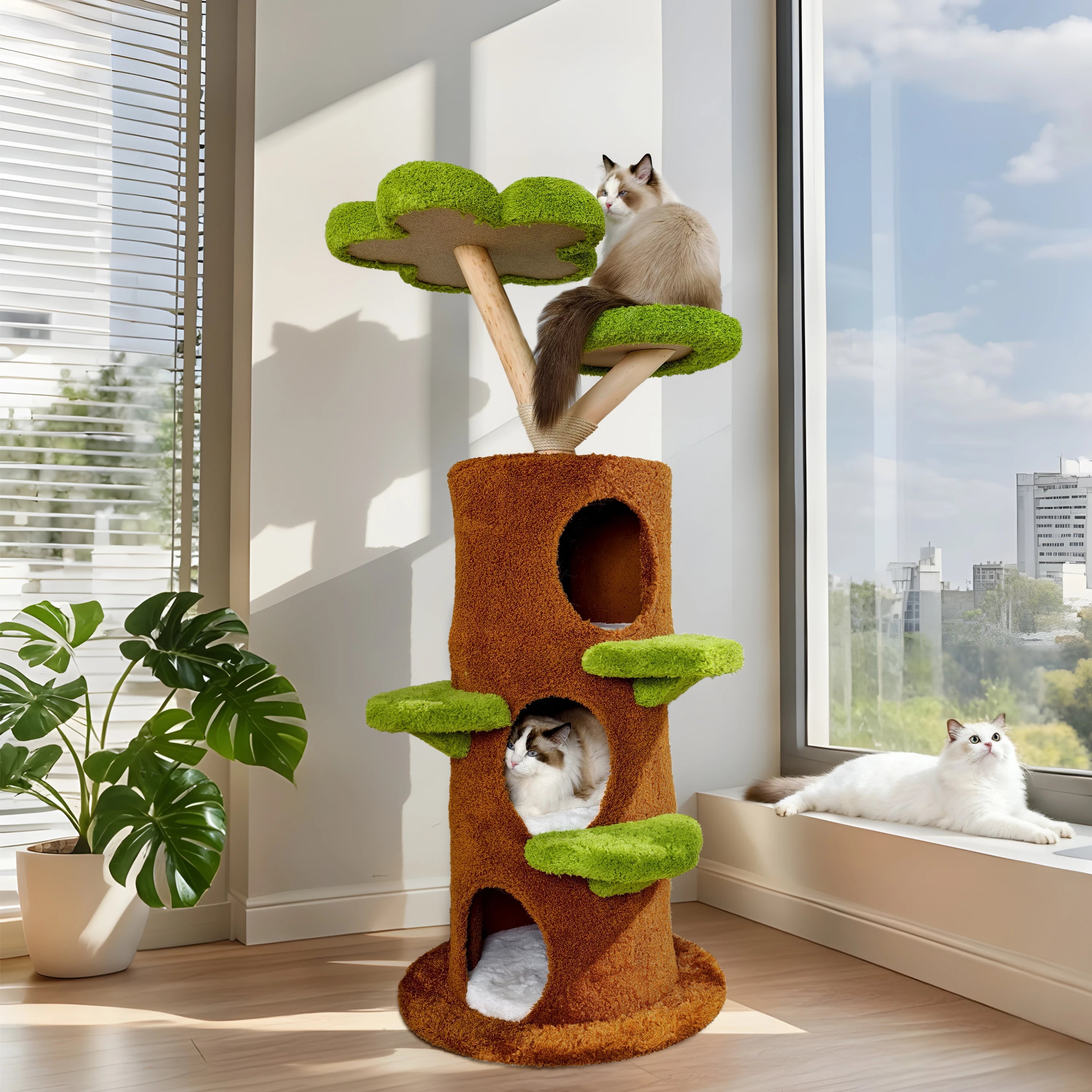 BINGOPAW 58” Tall Cat Activity Tree (Flower Platforms + Plush Condo + Sisal Scratcher)