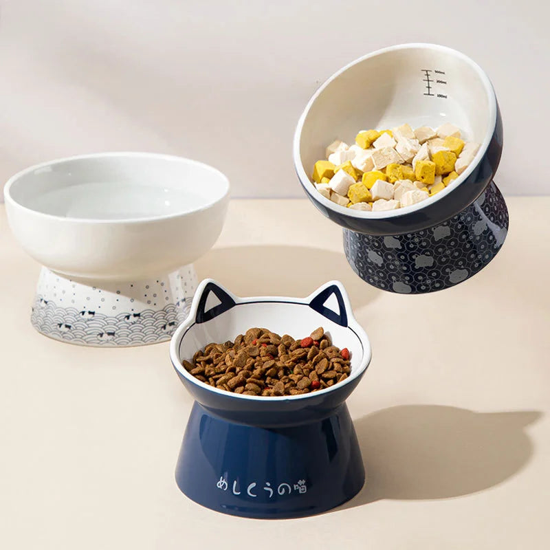 Japanese-Style Elevated Ceramic Double Cat Bowl