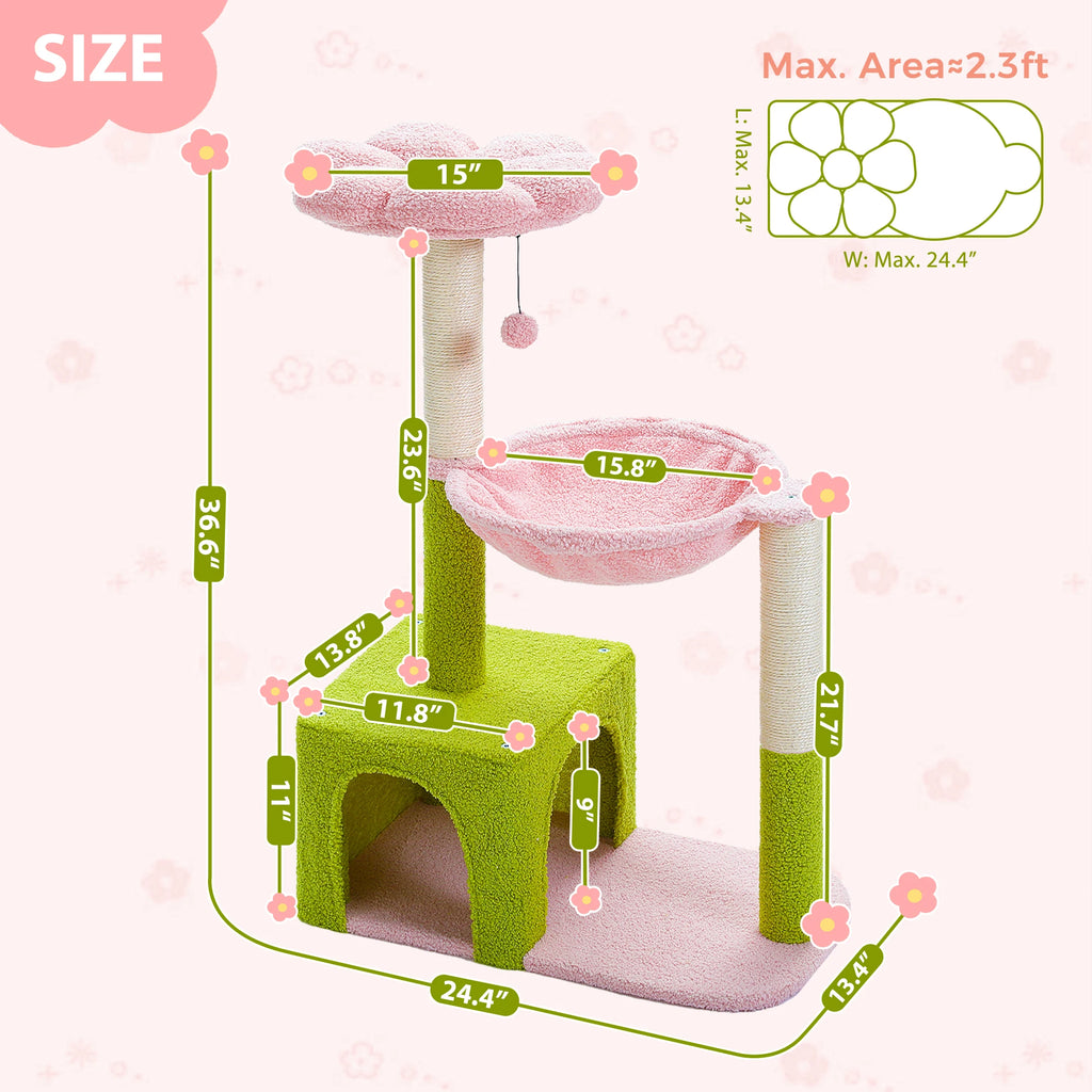 Flower Cat Tree with Hammock, Sisal Scratching Posts & Cozy Condo for Indoor Cats