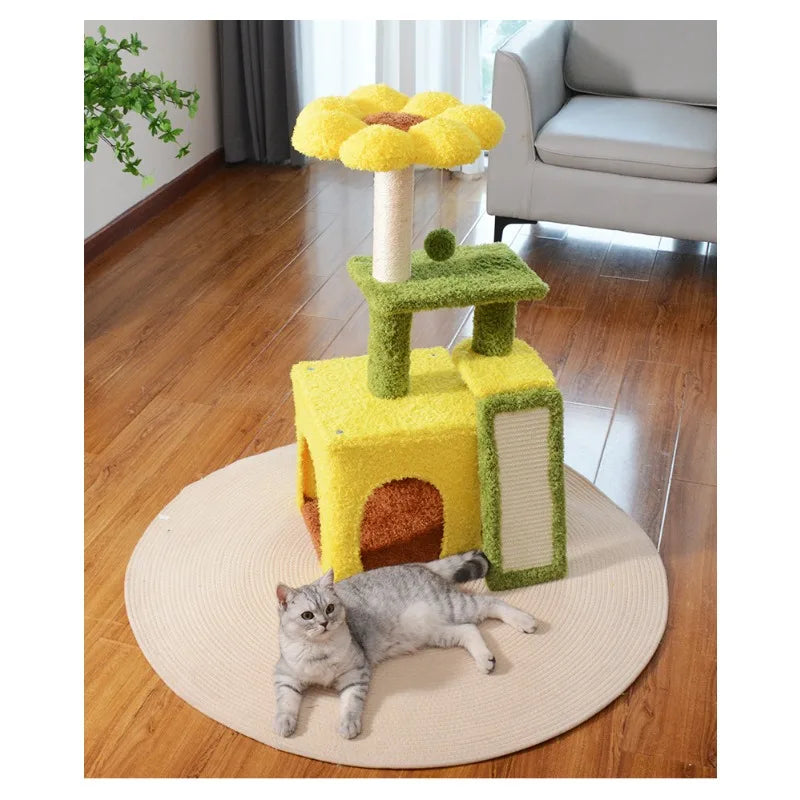 Sunflower Cat Tree Tower – Plush Velvet Cat Condo, Cozy Nest, Scratch Post & Flower Perch
