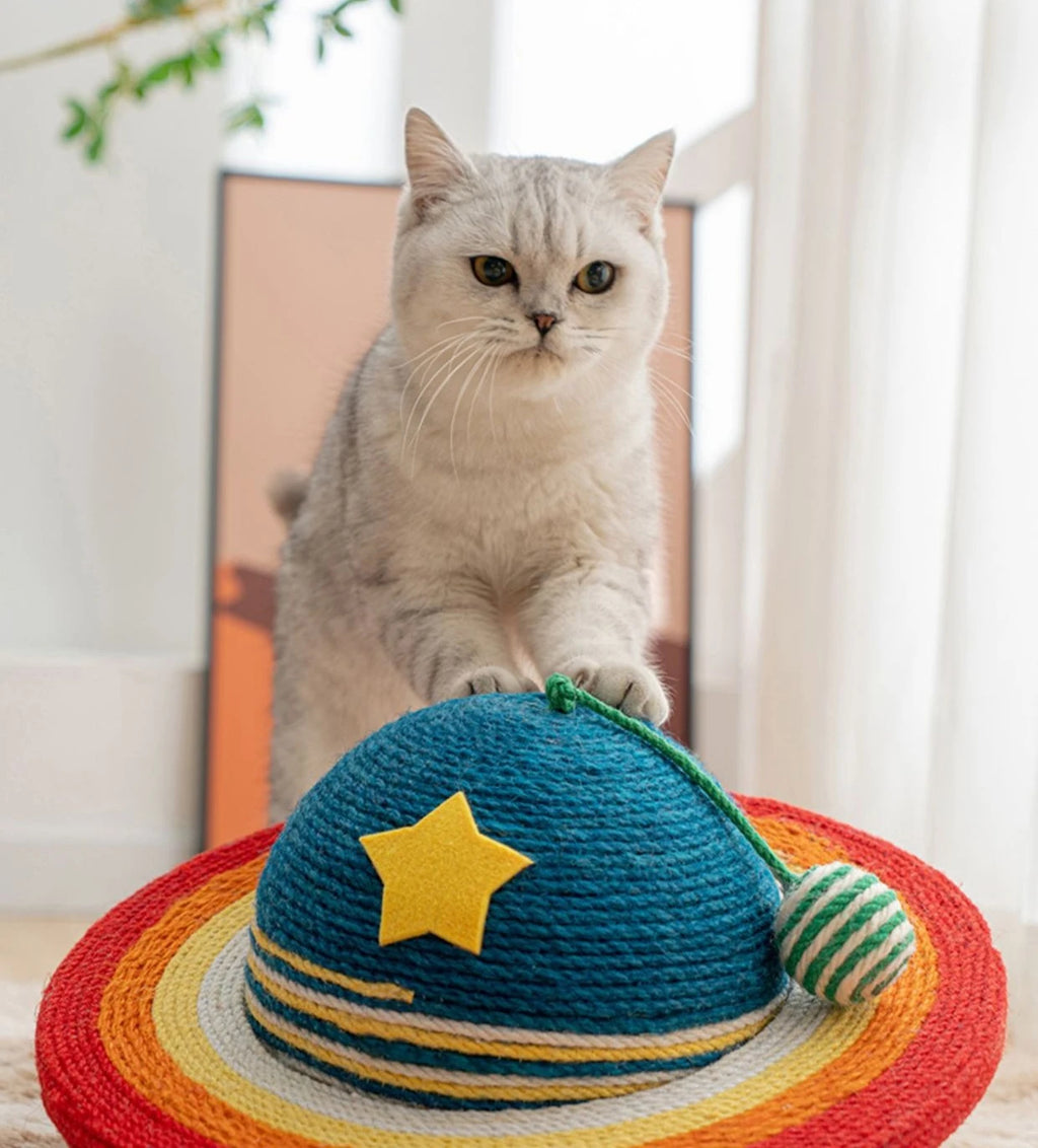 Starry Sky Planet Cat Scratcher – Natural Sisal Scratch Post with Play Ball, Indoor Cat Scratch Pad