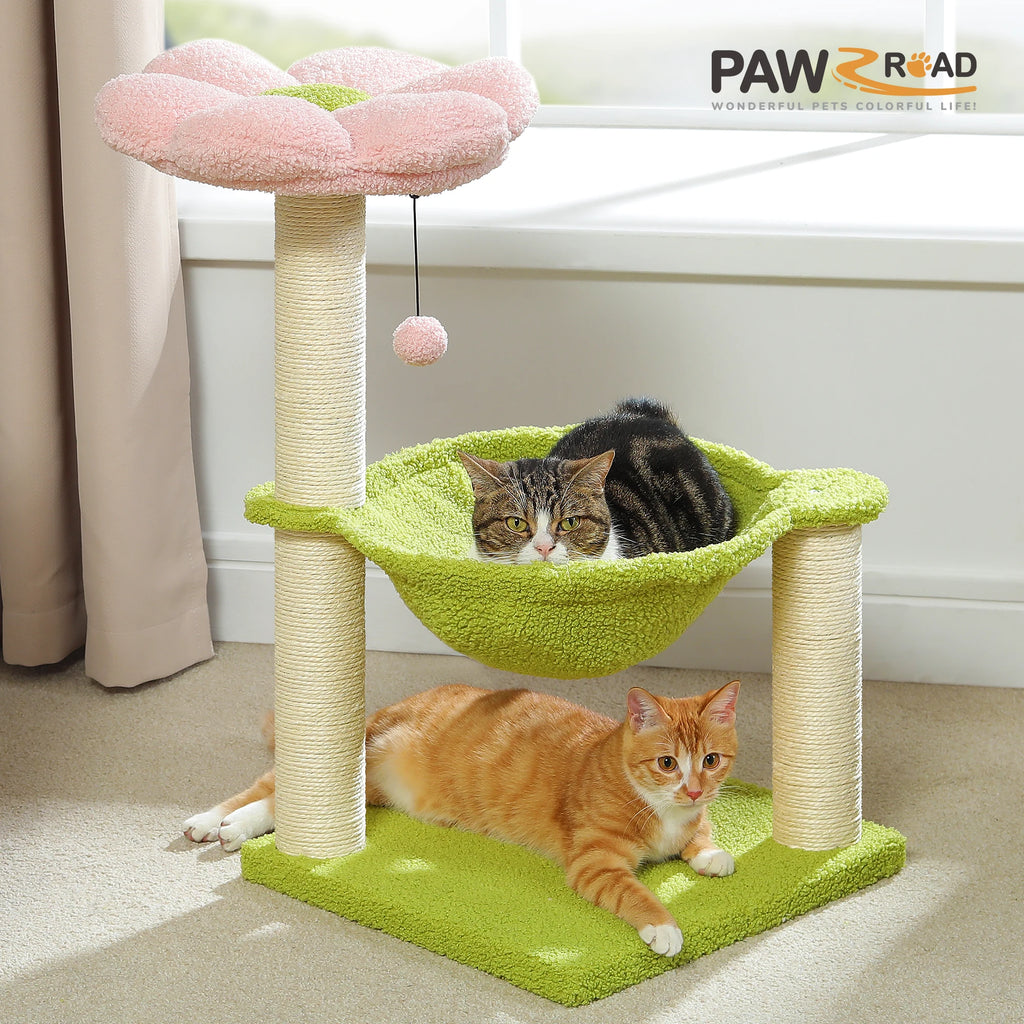 Flower Cat Tree with Sisal Scratching Posts & Large Hammock – Compact Indoor Cat Tower with Soft Top Perch for Kittens