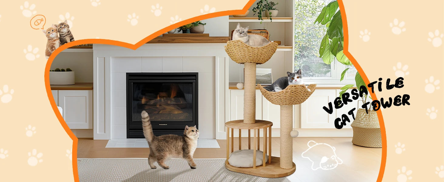3-Tier Natural Wood Climbing & Rest Tower for Indoor Cats