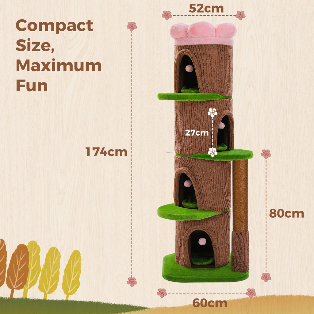 Forest Cat Tree Tower (4 Condos + Flower Top Bed + Thick Scratcher)