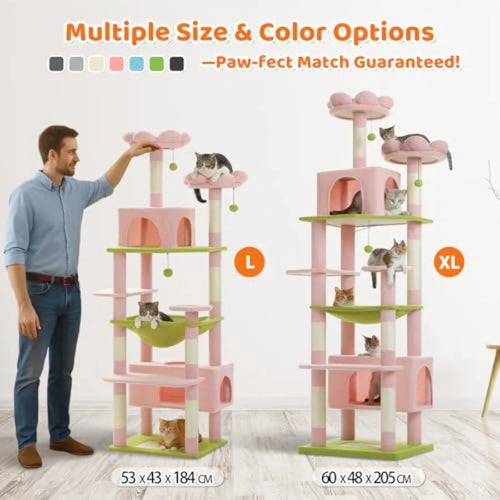 81" Tall Flower Cat Tree Tower – 2 Condos, 2 Perches & Large Hammock (Pink)
