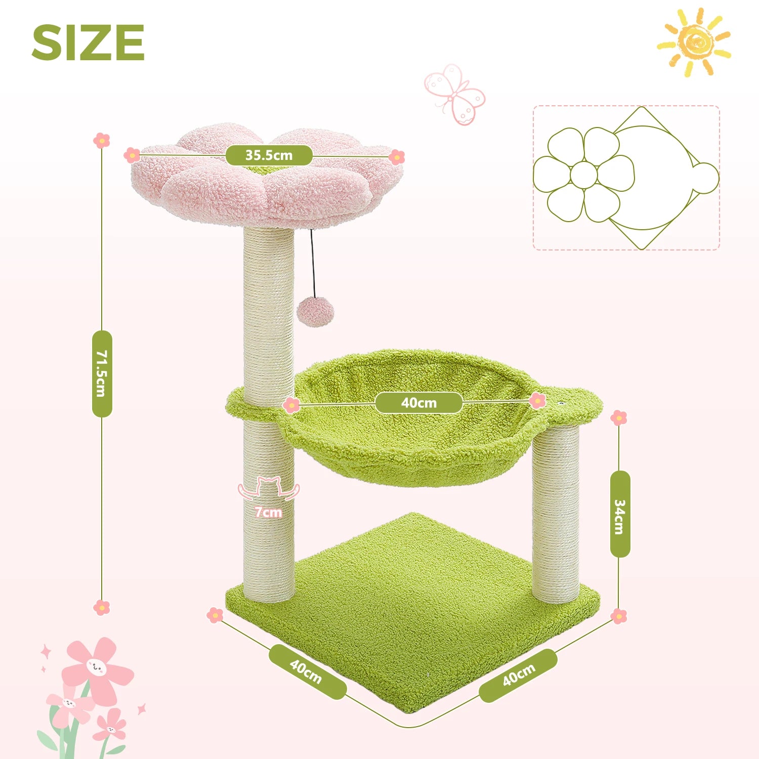 Flower Cat Tree with Sisal Scratching Posts & Large Hammock – Compact Indoor Cat Tower with Soft Top Perch for Kittens