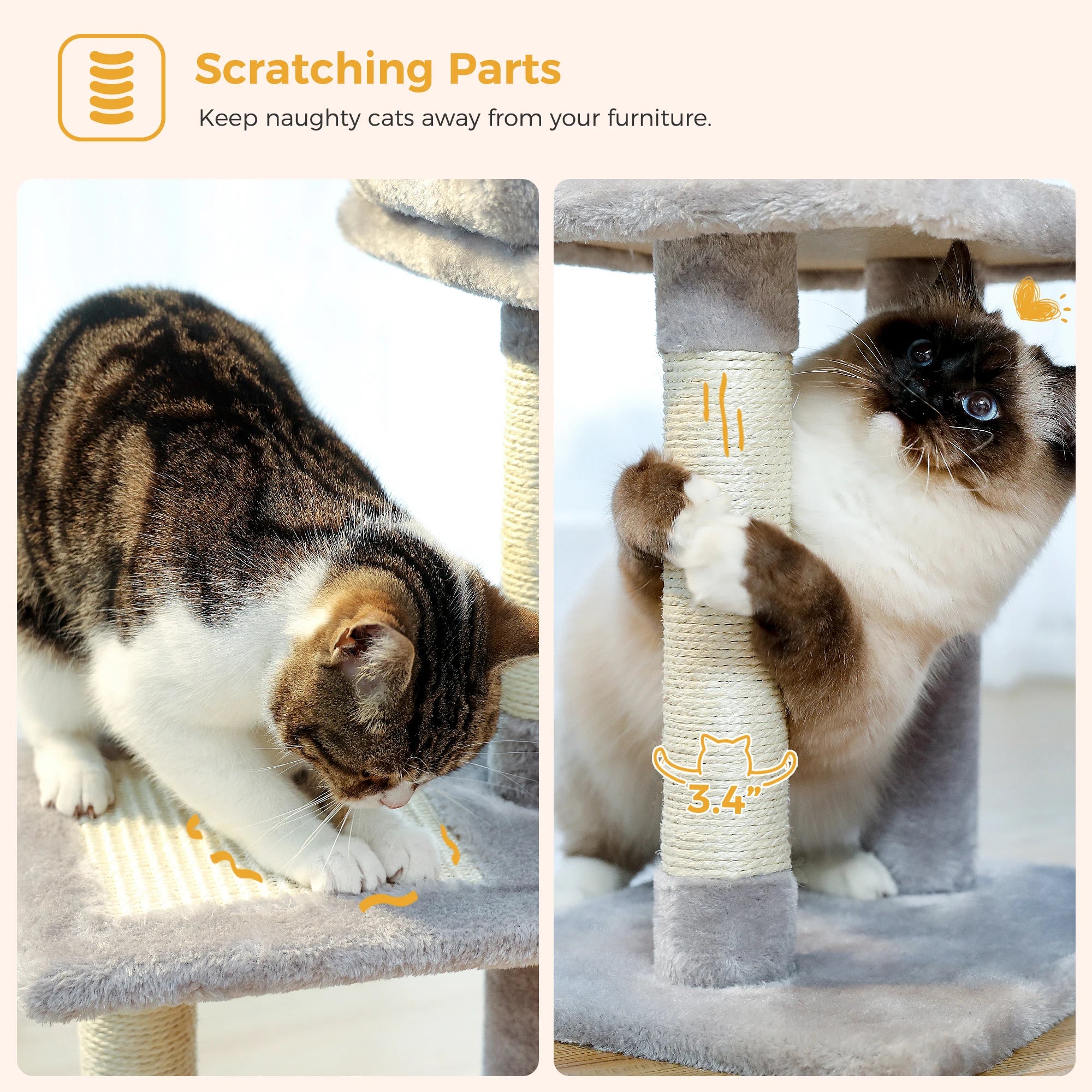 Small Cat Tree Tower with Sisal Scratching Ramp, Condo, Hammock & Top Perch