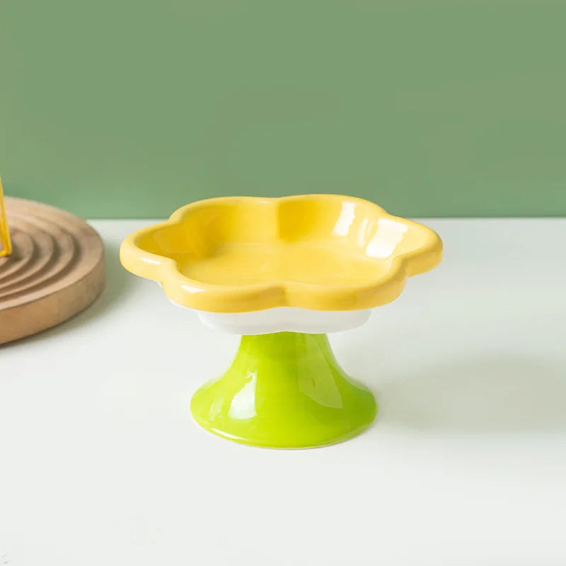Ceramic Flower Raised Cat Bowl with Stand