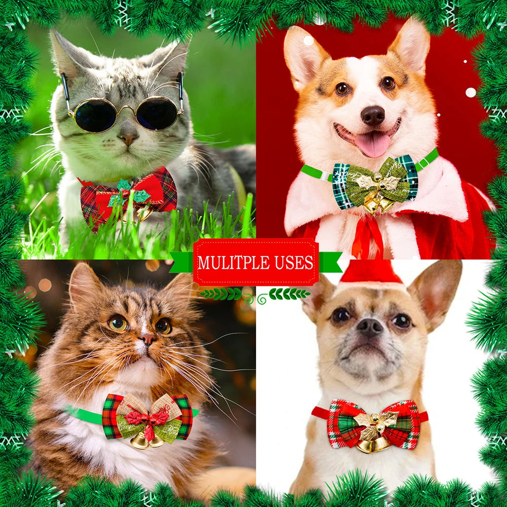 Holiday Plaid Bow Collars with Jingle Bell (5PCS)