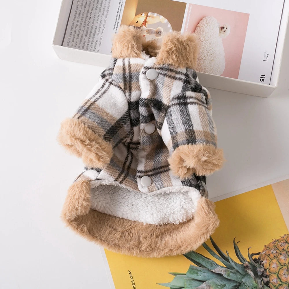 PlaidHaven Fur-Collar Pet Jacket