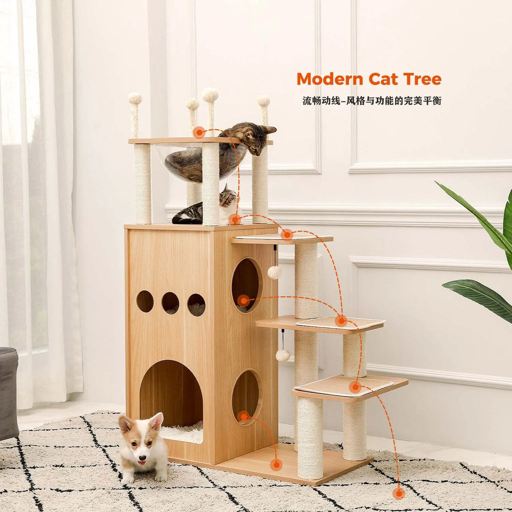 Modern Wood Cat Castle Tree (5+ Levels, Large Condos + Clear Bowl Perch)