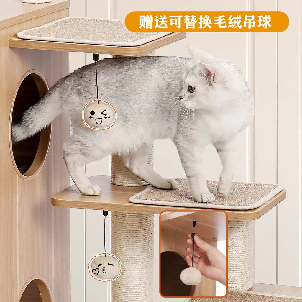 Modern Wood Cat Castle Tree (5+ Levels, Large Condos + Clear Bowl Perch)