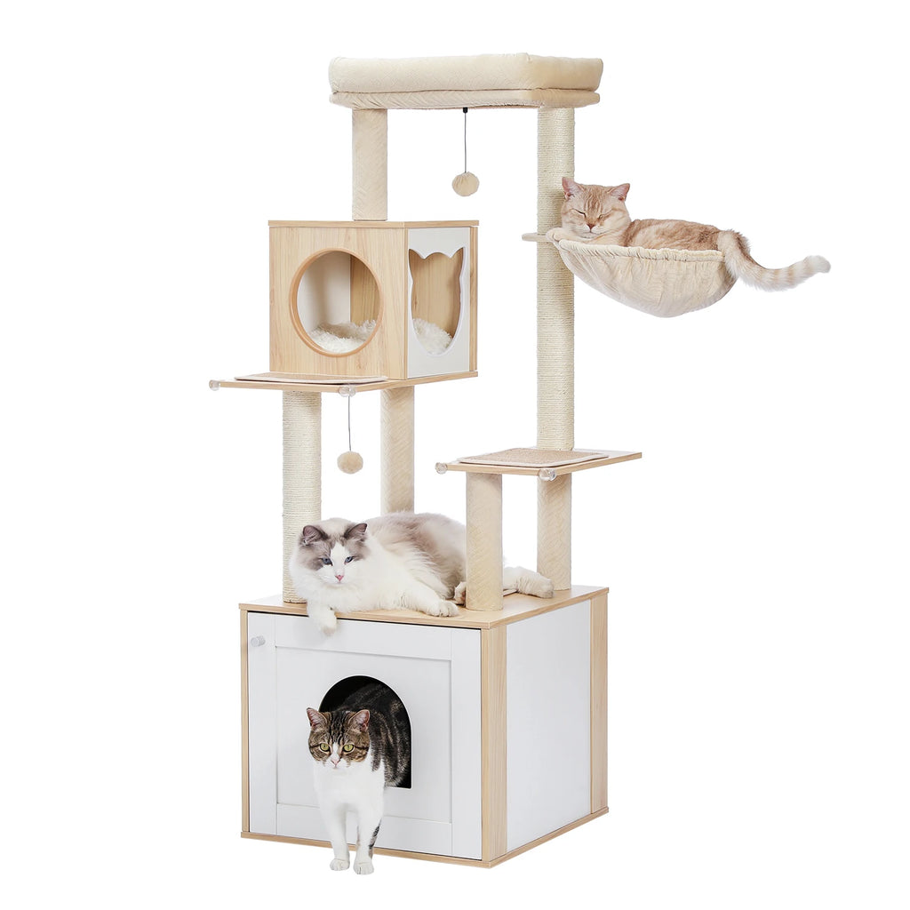 Multi-Level Wooden Cat Tree Tower with Condo, Hammock & Scratching Posts