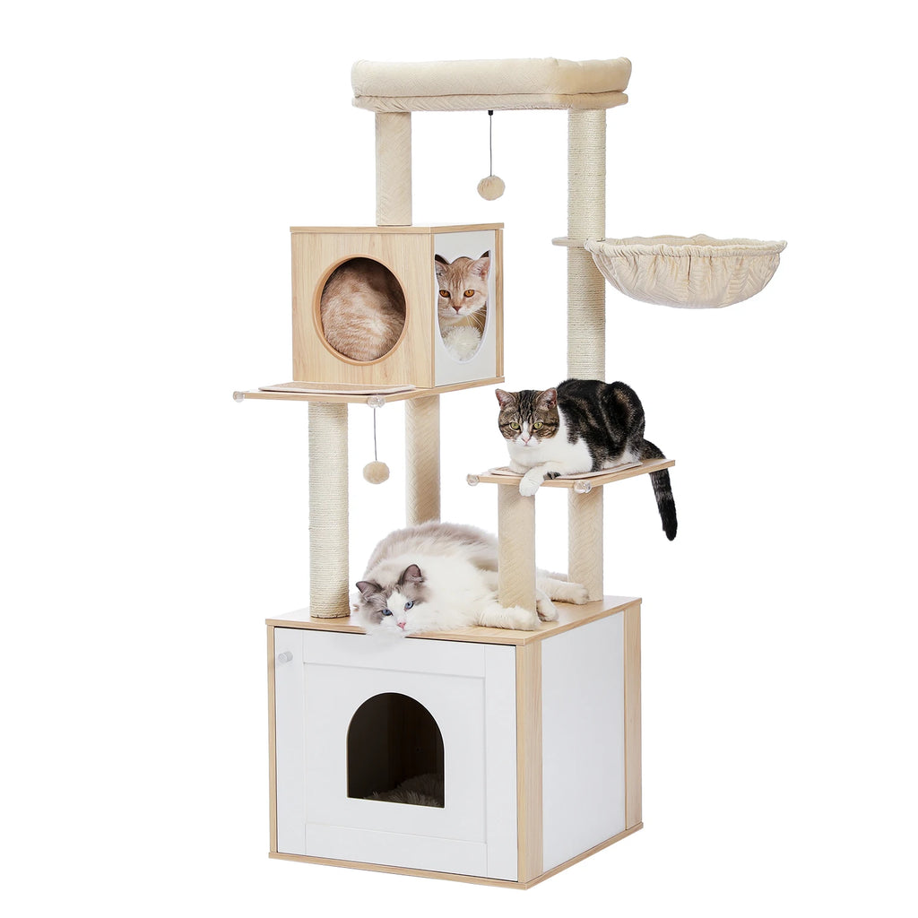 Multi-Level Wooden Cat Tree Tower with Condo, Hammock & Scratching Posts