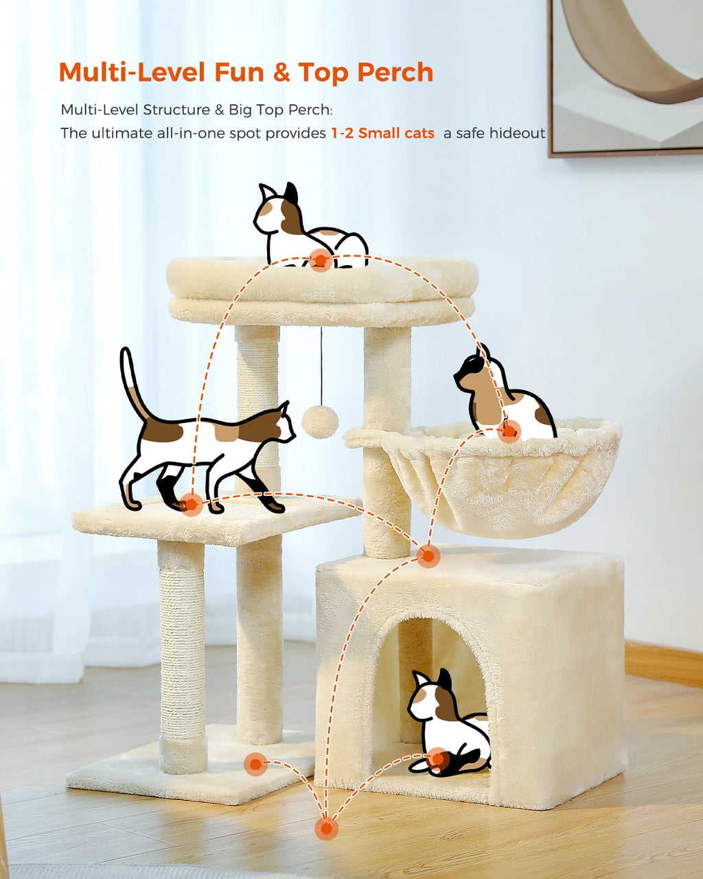 Small Cat Tree Tower with Sisal Scratching Ramp, Condo, Hammock & Top Perch