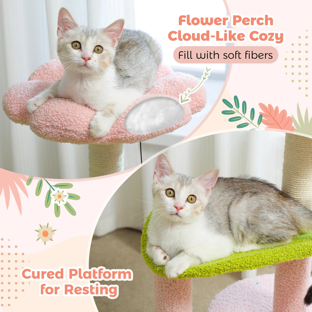Flower Cat Tree Tower (84cm) – Condo, Sisal Scratching Posts, Plush Perches & Hanging Balls