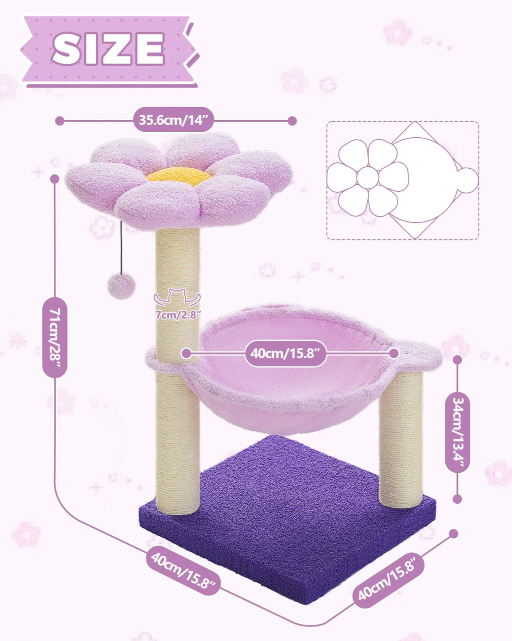 Flower Cat Tree with Sisal Scratching Posts & Large Hammock – Compact Indoor Cat Tower with Soft Top Perch for Kittens