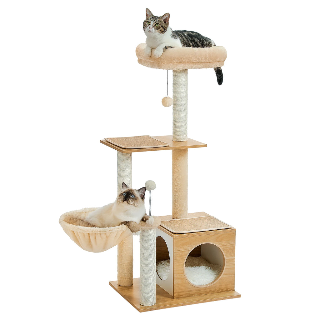 Modern Wooden Cat Tree with Condo, Hammock & Scratching Posts for Indoor Cats