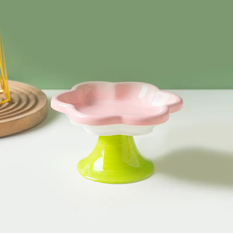 Ceramic Flower Raised Cat Bowl with Stand