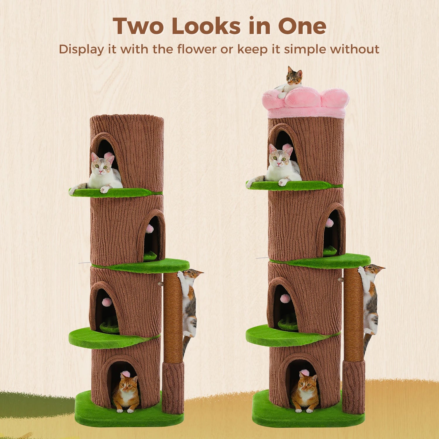 Forest Cat Tree Tower (4 Condos + Flower Top Bed + Thick Scratcher)