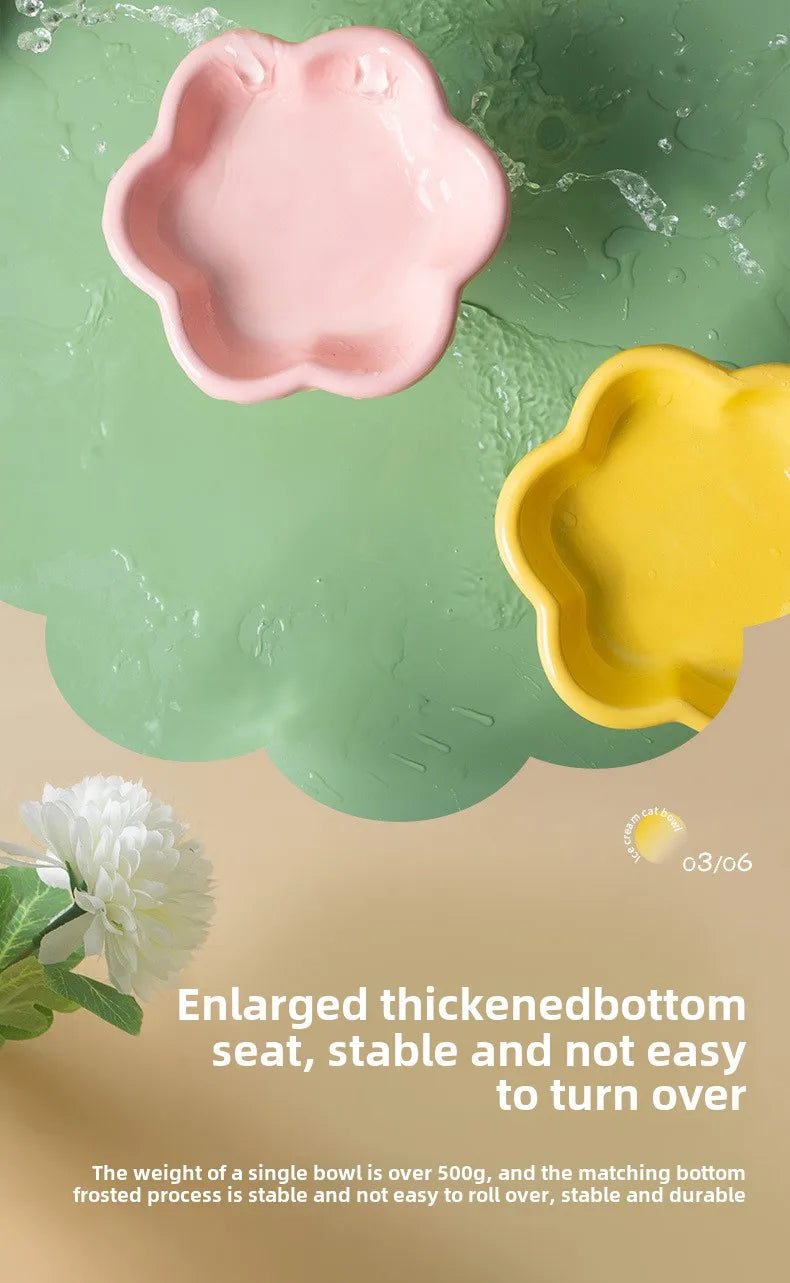 Ceramic Flower Raised Cat Bowl with Stand