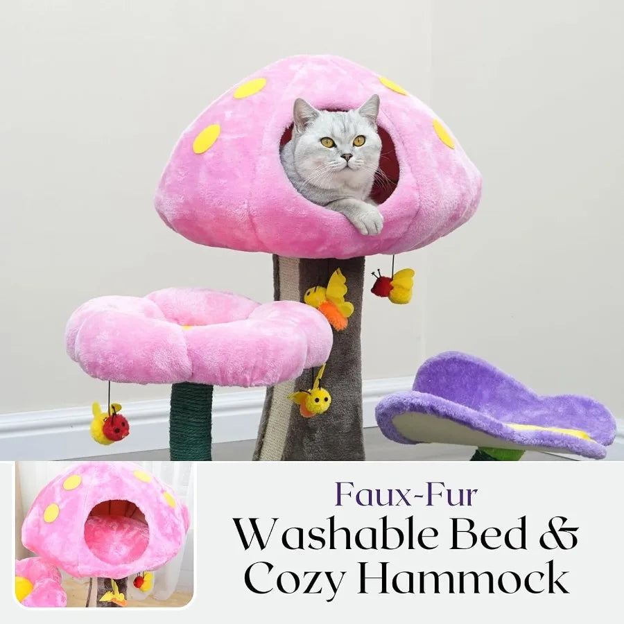 Wonderland Mushroom Cat Tree (31") – 3-Level Tower w/ Mushroom Condo, Flower Perch, Sisal Scratching Pad & Hanging Bee Toy