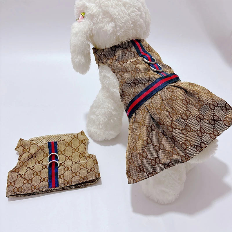Pet Couple Clothing Designer Luxury Women Dog Dress Men Dog Chest Back Vest Puppy Clothes Beautiful Skirt Traction Rope Leash