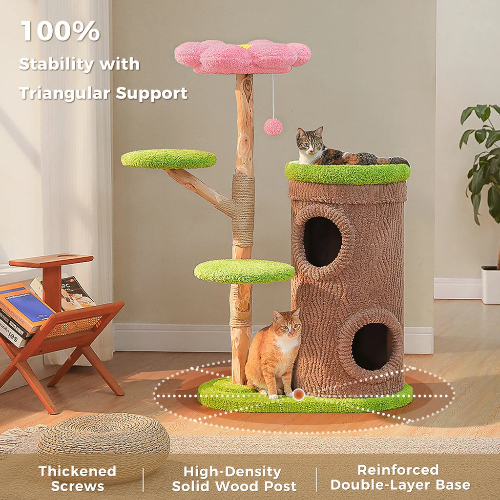 Forest Cat Tree Tower (4 Condos + Flower Top Bed + Thick Scratcher)