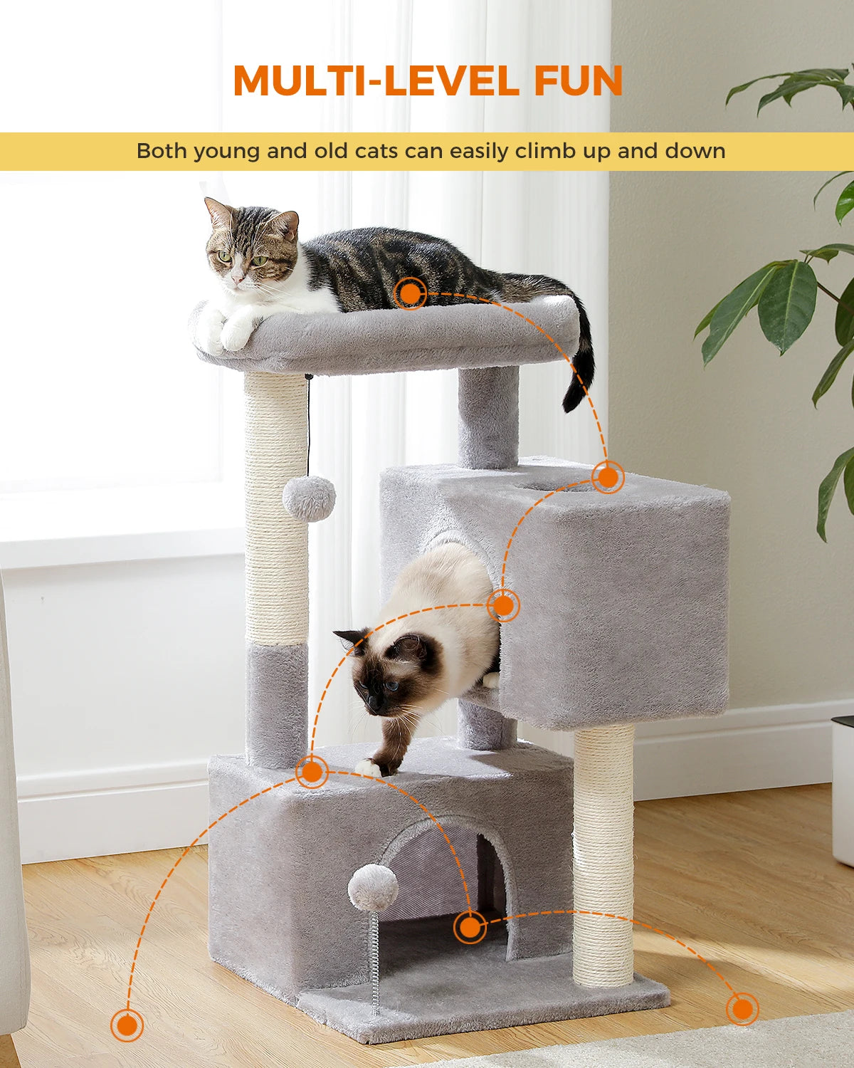 Small Cat Tree Tower with Sisal Scratching Ramp, Condo, Hammock & Top Perch