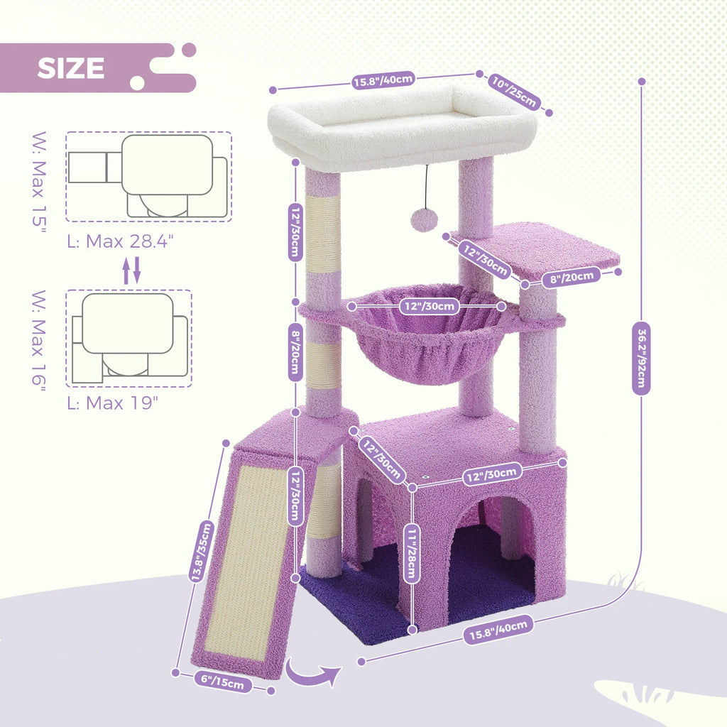 Small Cat Tree Tower with Sisal Scratching Ramp, Condo, Hammock & Top Perch